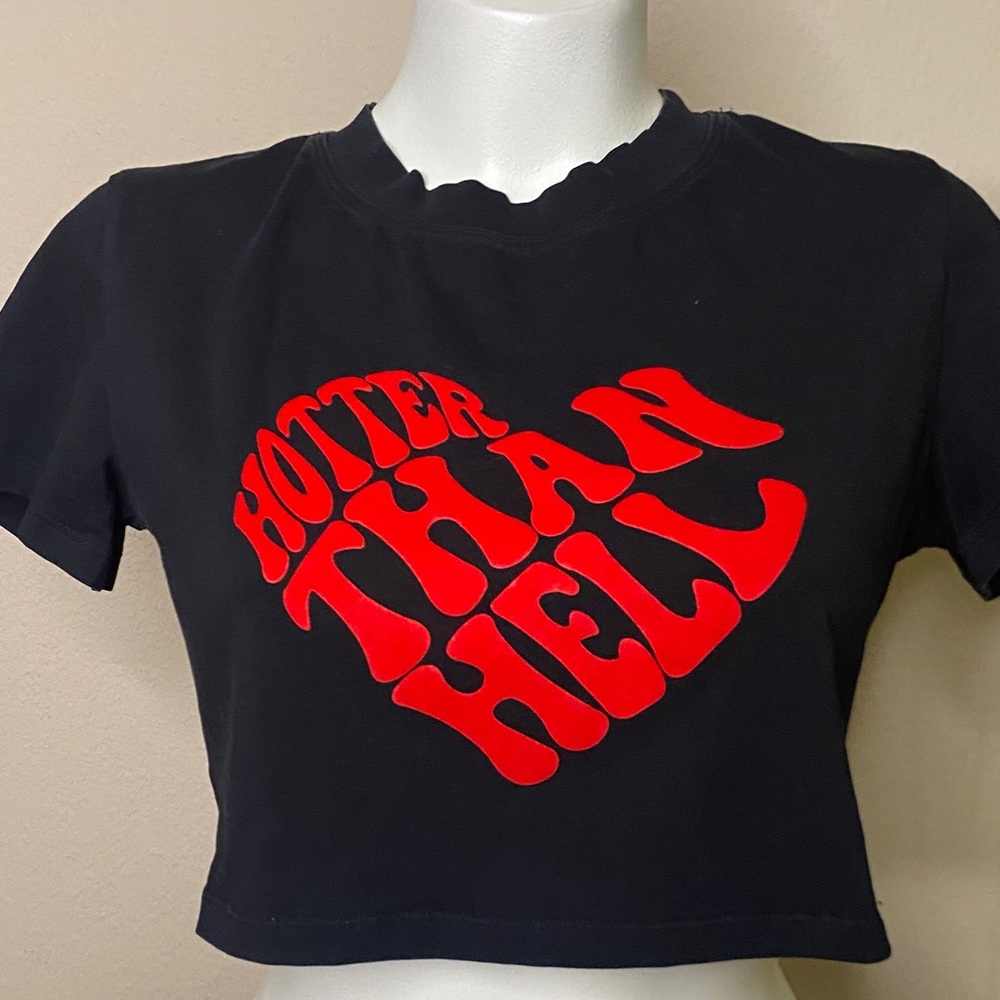 Adika HOTTER THAN HELL black red flocked letter crop top M